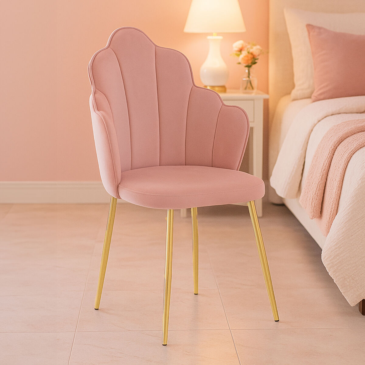Tian Pink Velvet Scalloped Dining Chair