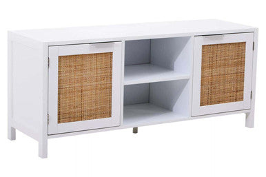 Sherman White Finish and Natural Rattan Media Unit