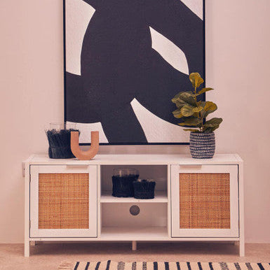 Sherman White Finish and Natural Rattan Media Unit