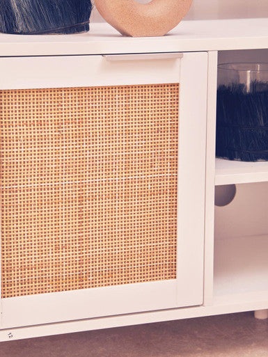 Sherman White Finish and Natural Rattan Media Unit
