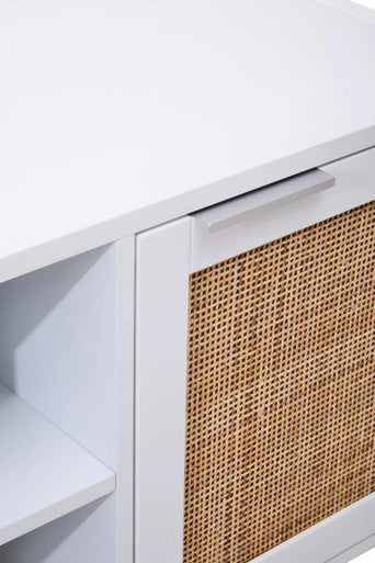 Sherman White Finish and Natural Rattan Media Unit