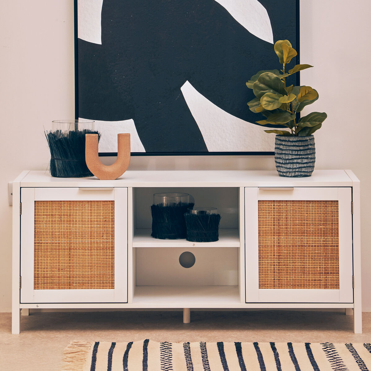 Sherman White Finish and Natural Rattan Media Unit