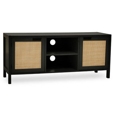 Sherman Black Finish and Natural Rattan Media Unit