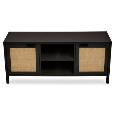 Sherman Black Finish and Natural Rattan Media Unit