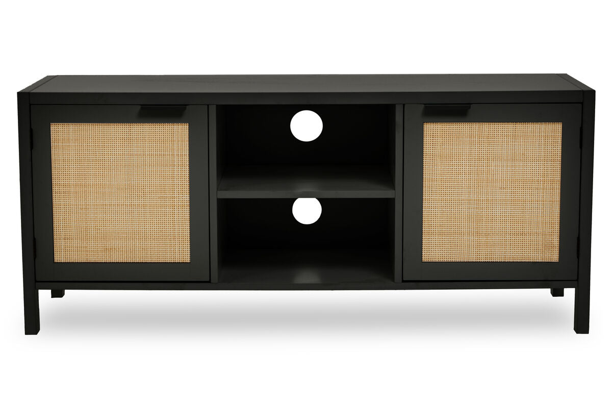 Sherman Black Finish and Natural Rattan Media Unit