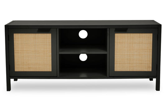 Sherman Black Finish and Natural Rattan Media Unit