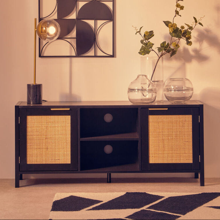 Sherman Black Finish and Natural Rattan Media Unit