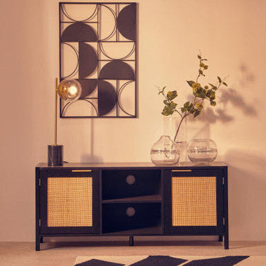 Sherman Black Finish and Natural Rattan Media Unit