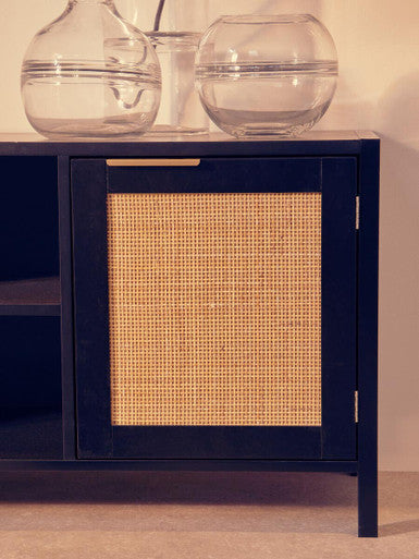 Sherman Black Finish and Natural Rattan Media Unit