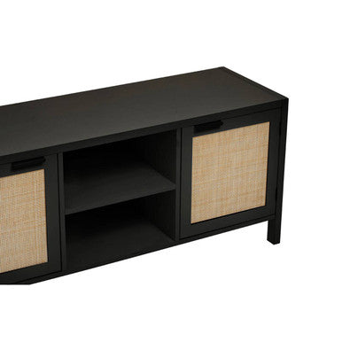 Sherman Black Finish and Natural Rattan Media Unit