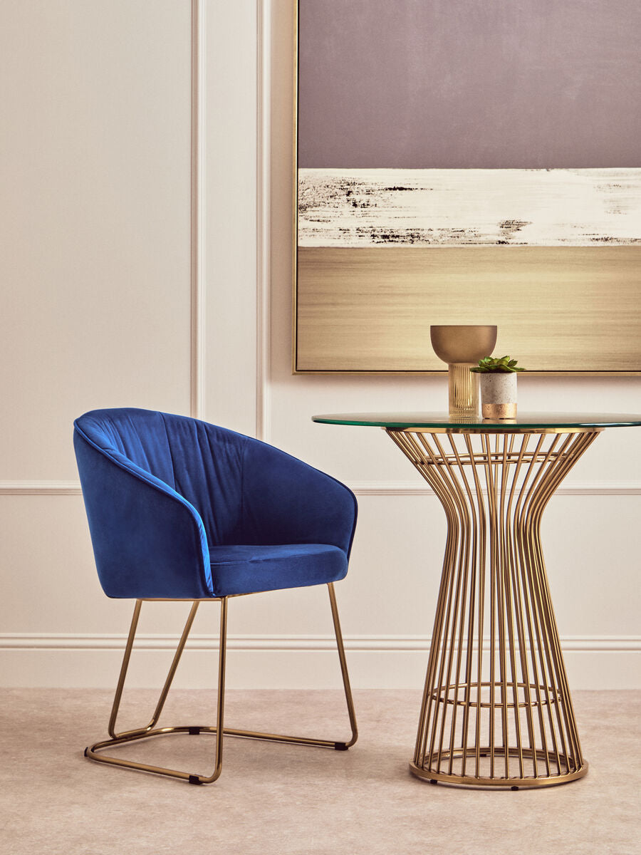 Veneto Midnight Blue Velvet Curved Dining Chair with Brushed Gold Legs
