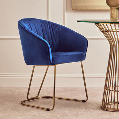 Veneto Midnight Blue Velvet Curved Dining Chair with Brushed Gold Legs