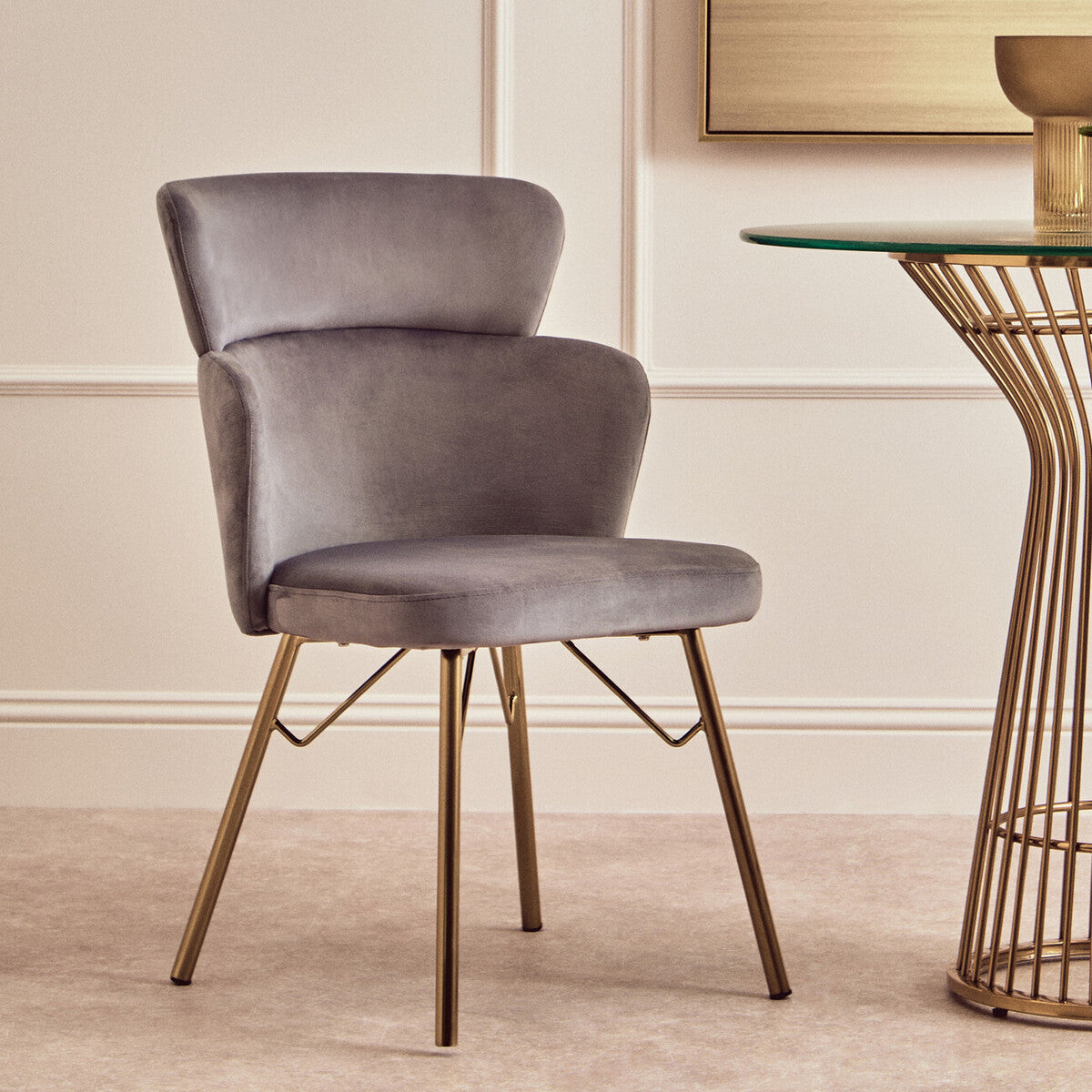 Veneto Grey Velvet Chair with Brushed Gold Finish Legs