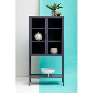 Acier Grey Metal 2 Door Tall Cabinet with Glass Doors