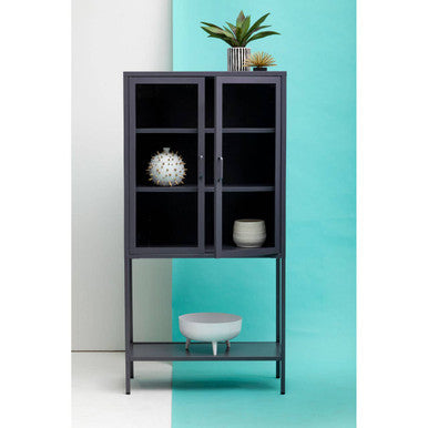 Acier Grey Metal 2 Door Tall Cabinet with Glass Doors