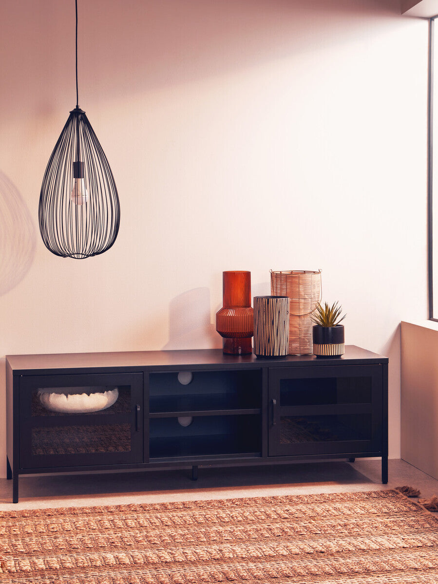 Acier Black Metal 2 Door Media Unit with Glass Doors