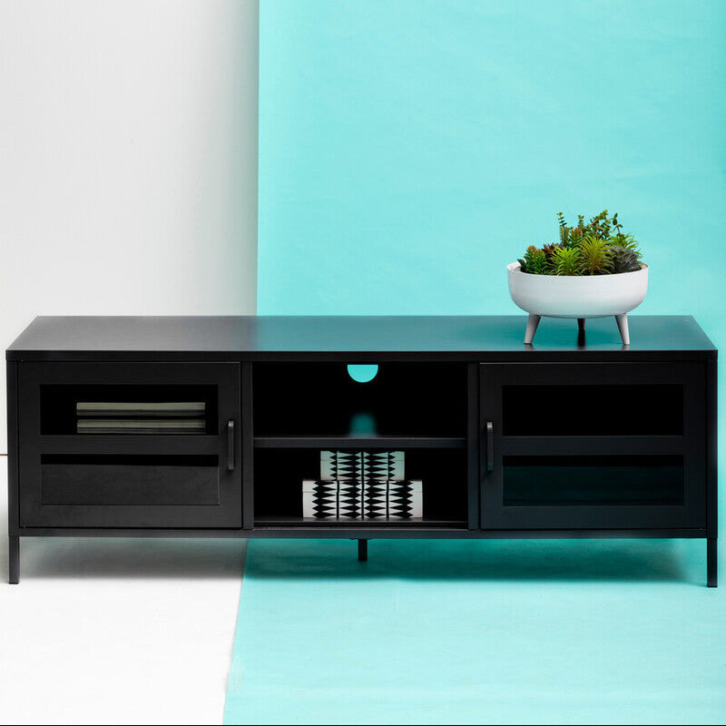 Acier Black Metal 2 Door Media Unit with Glass Doors