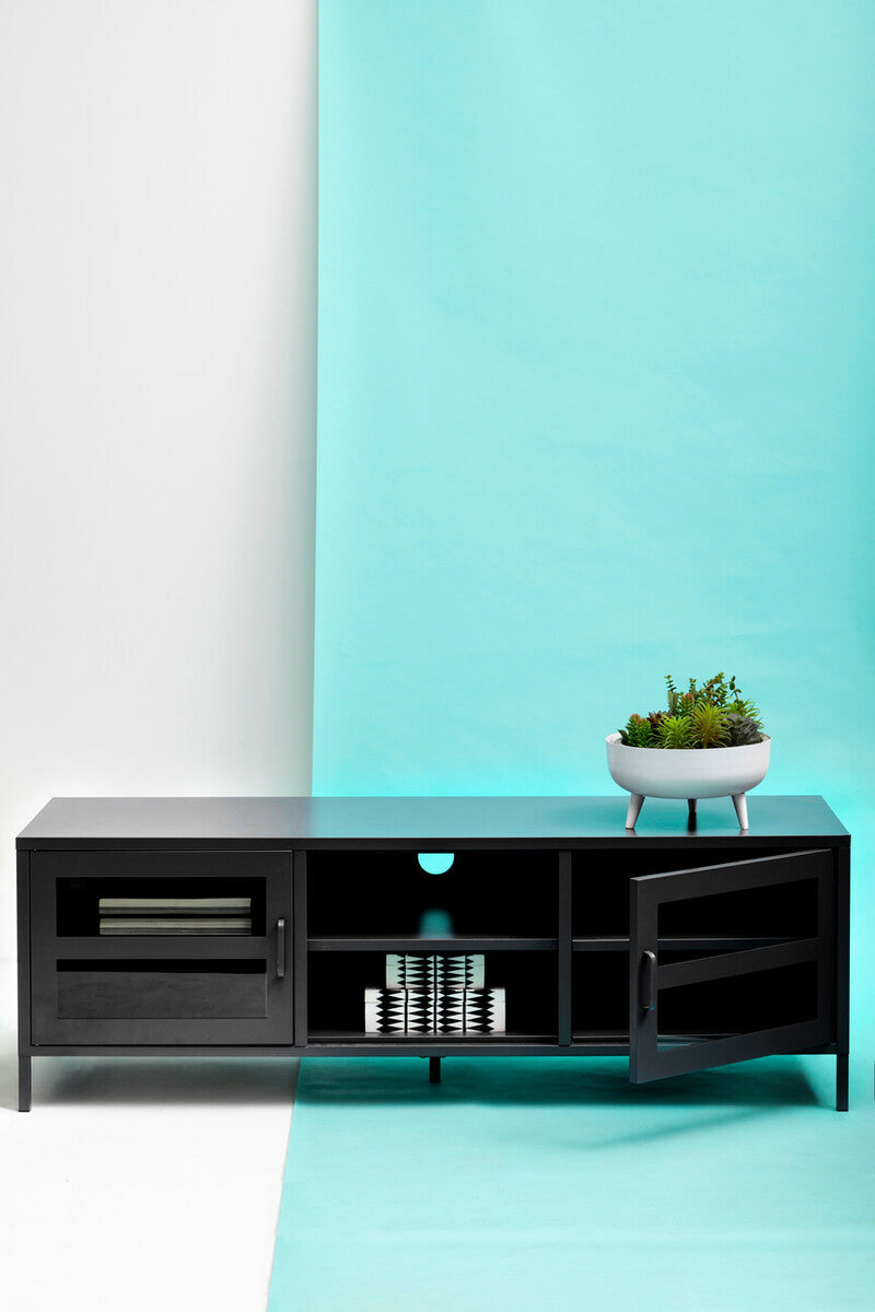 Acier Black Metal 2 Door Media Unit with Glass Doors