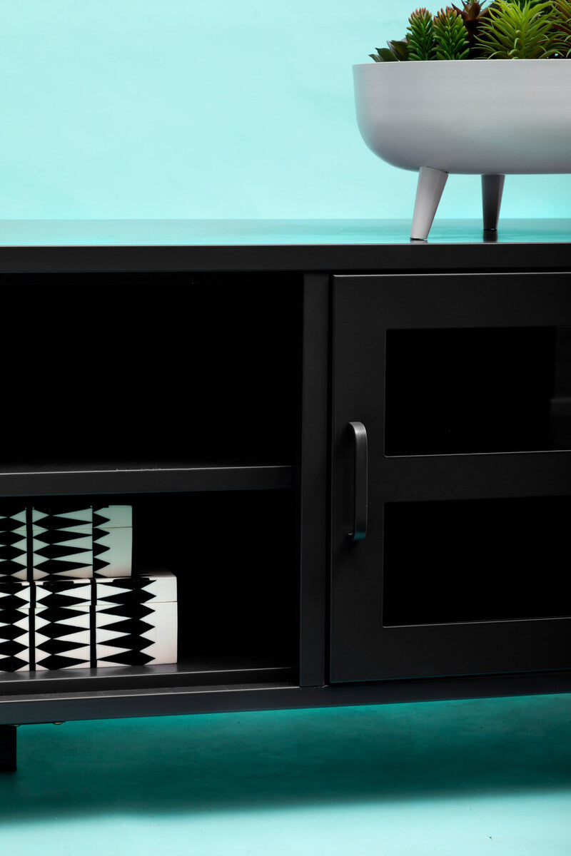 Acier Black Metal 2 Door Media Unit with Glass Doors