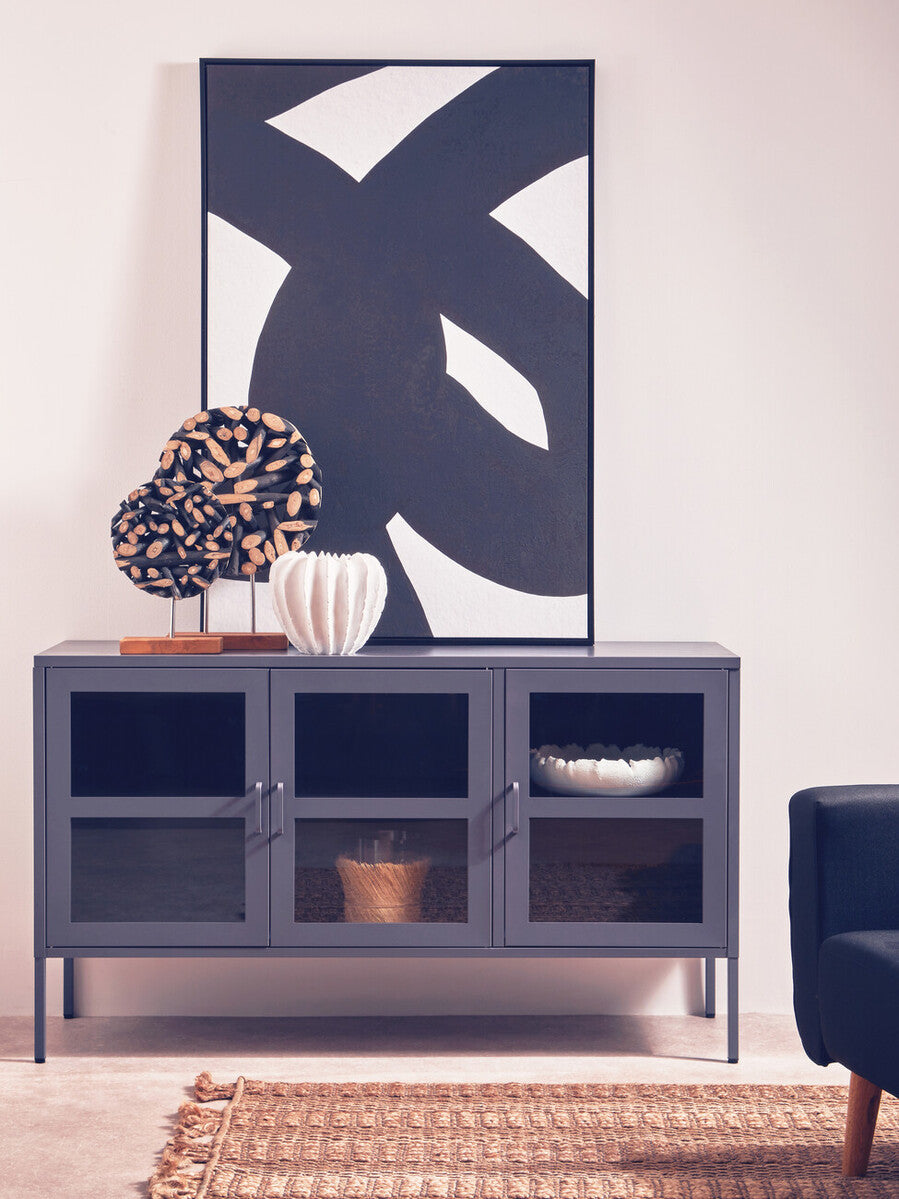Acier Grey Metal 3 Door Sideboard with Glass Doors