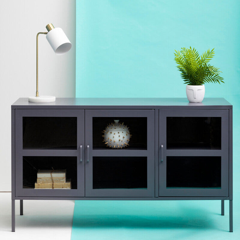 Acier Grey Metal 3 Door Sideboard with Glass Doors