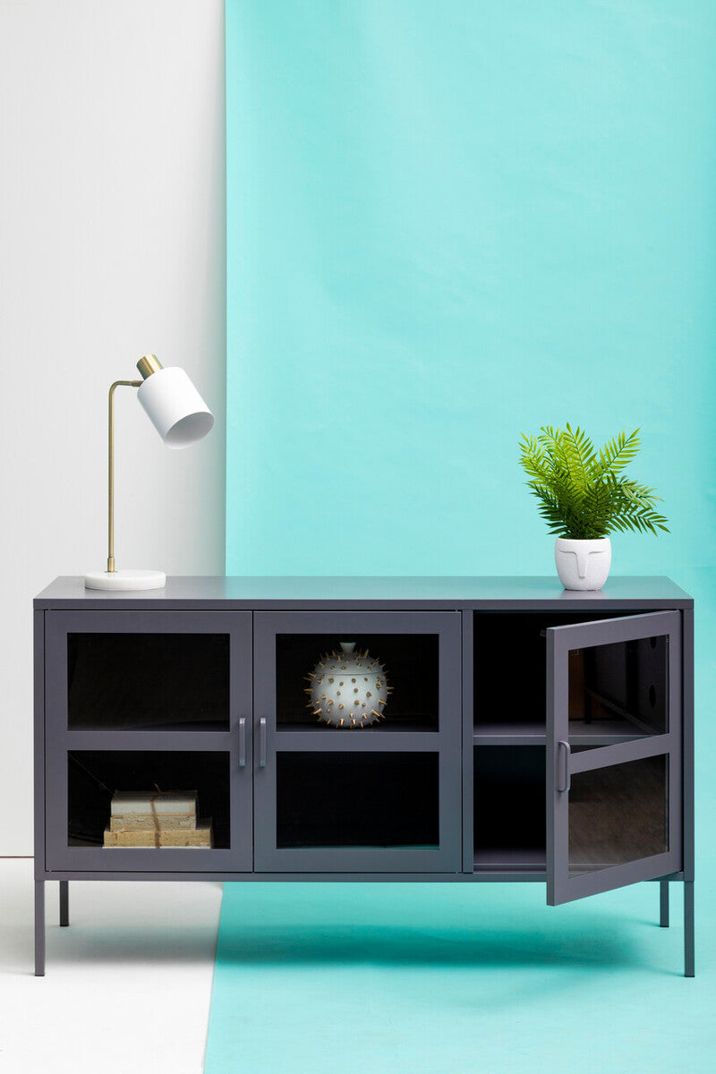 Acier Grey Metal 3 Door Sideboard with Glass Doors