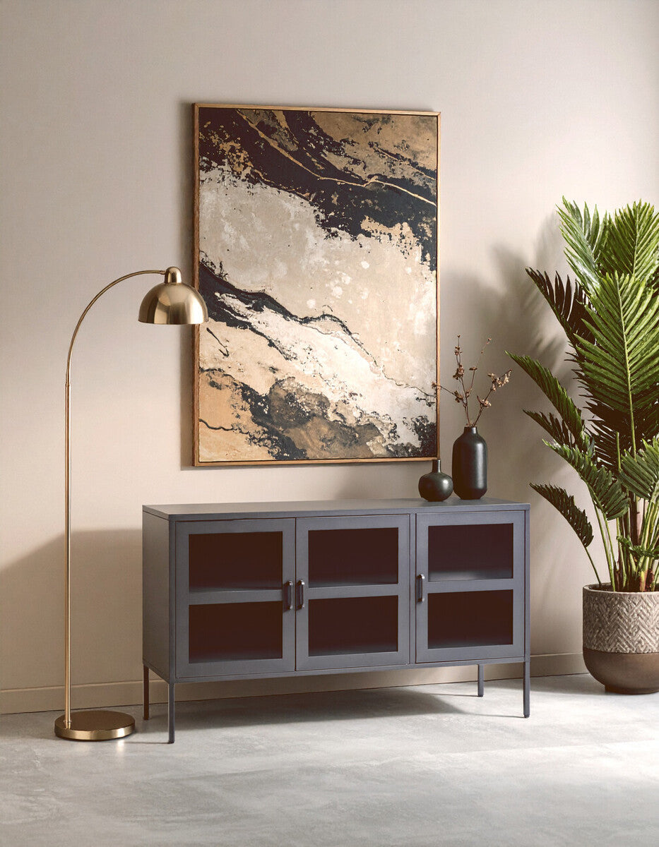 Acier Grey Metal 3 Door Sideboard with Glass Doors