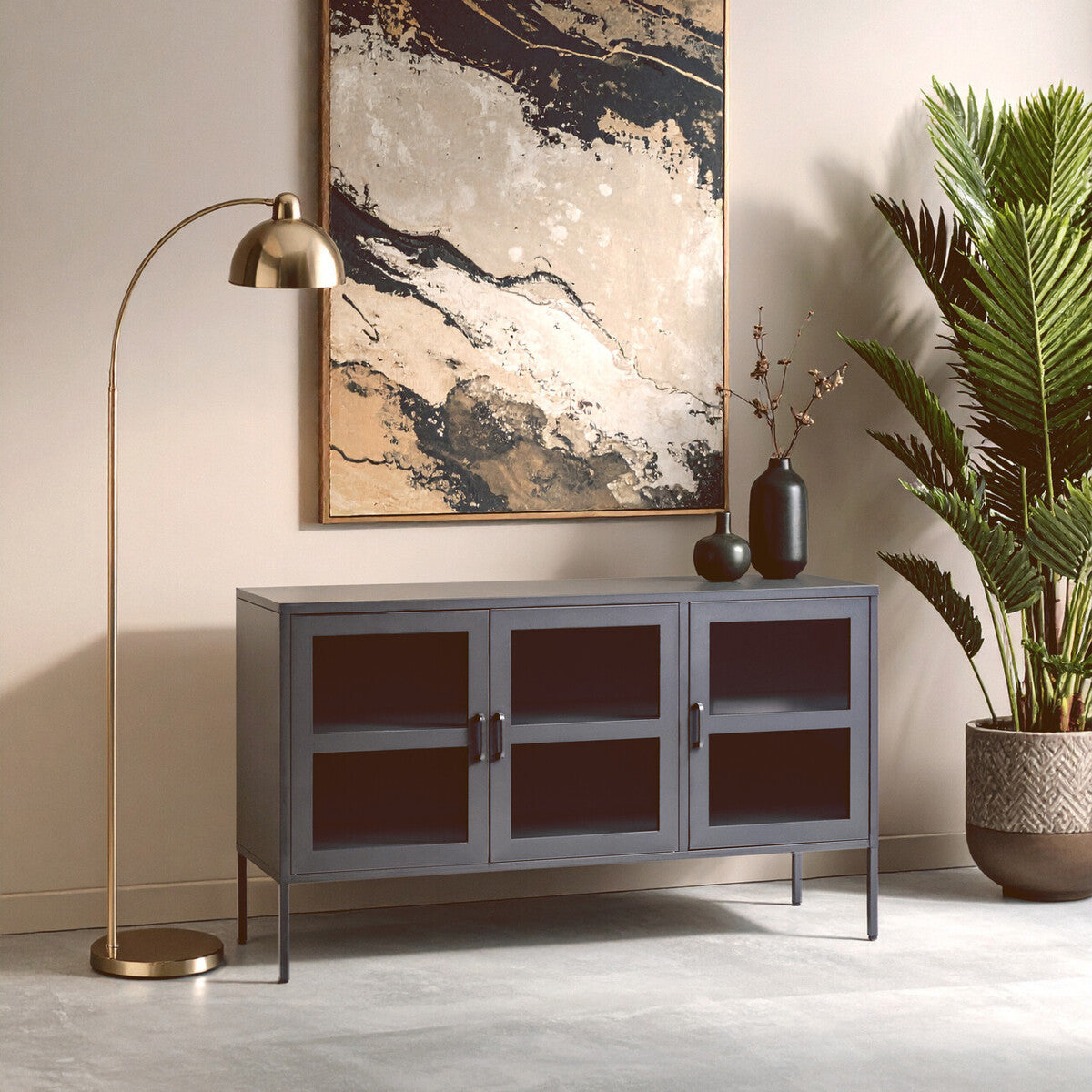 Acier Grey Metal 3 Door Sideboard with Glass Doors