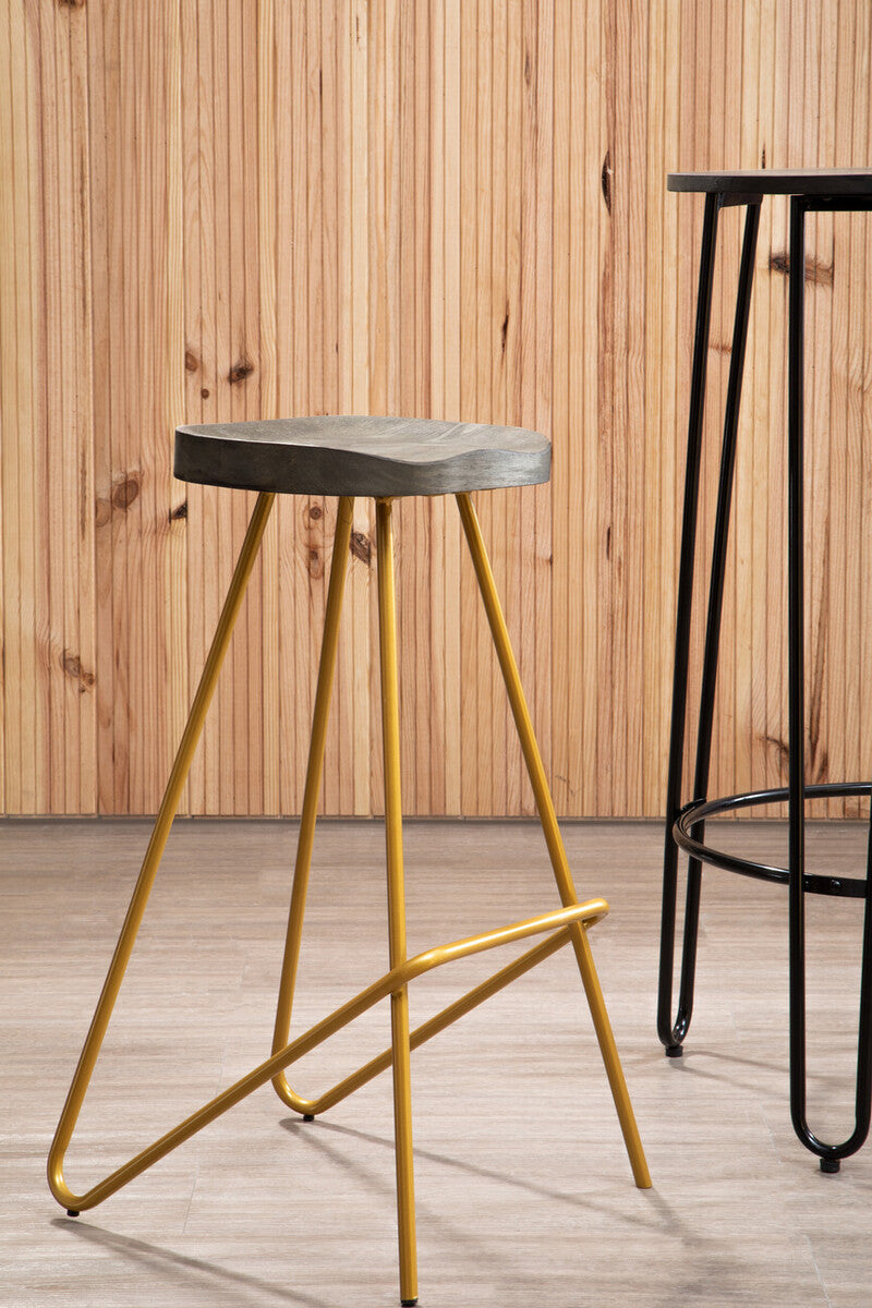 District Elm Wood Bar Stool with Gold Finish Frame