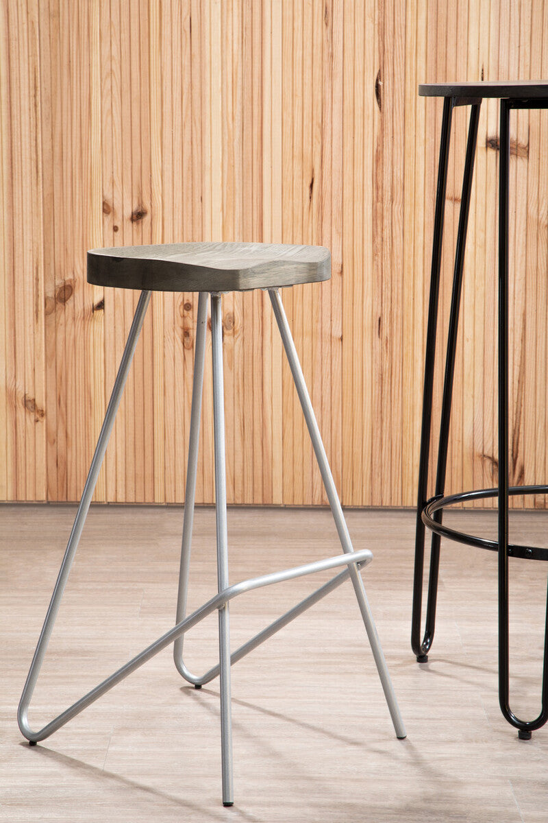 District Elm Wood Bar Stool with Silver Finish Frame