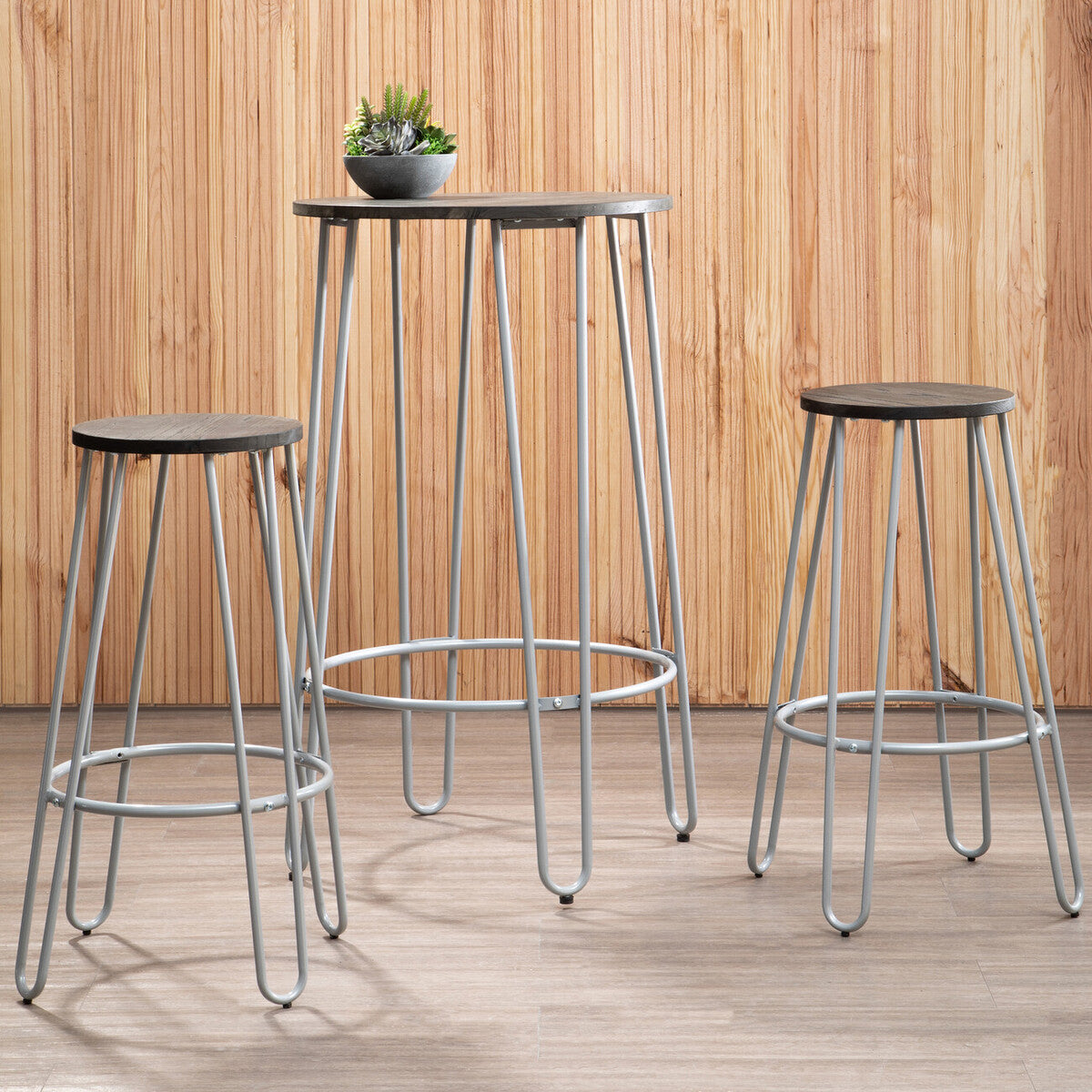 District Elm Wood 3 Piece Bar Table and Stool Set with Grey Finish Legs