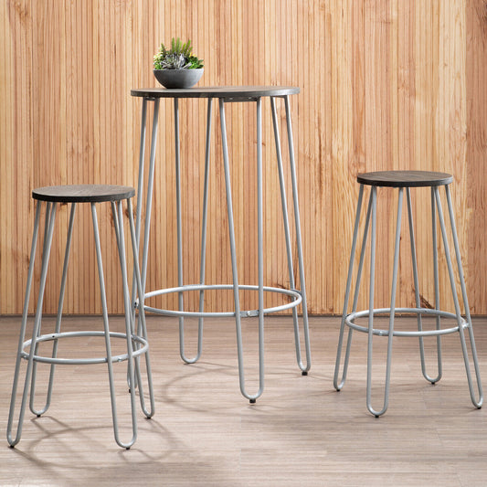District Elm Wood 3 Piece Bar Table and Stool Set with Grey Finish Legs