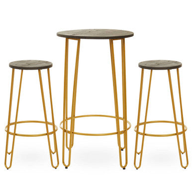 District Elm Wood 3 Piece Bar Table and Stool Set with Gold Finish Legs