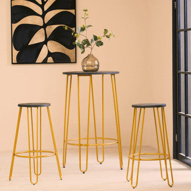 District Elm Wood 3 Piece Bar Table and Stool Set with Gold Finish Legs