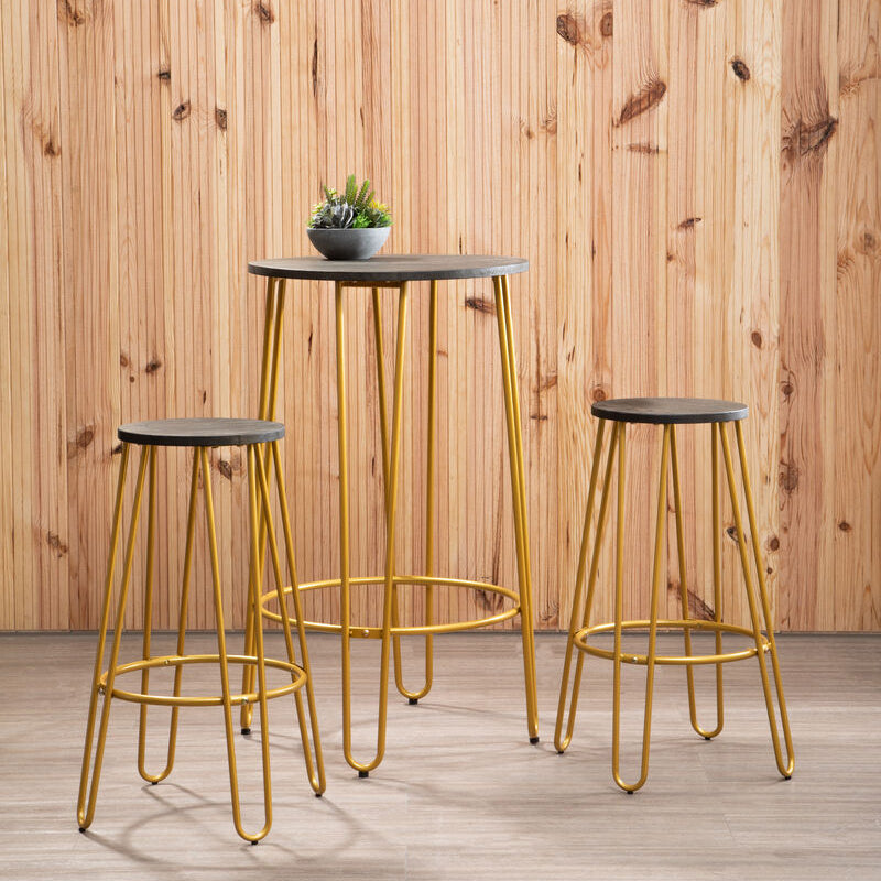 District Elm Wood 3 Piece Bar Table and Stool Set with Gold Finish Legs