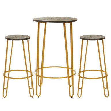 District Elm Wood 3 Piece Bar Table and Stool Set with Gold Finish Legs