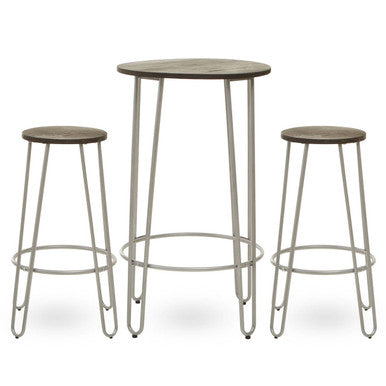 District Wooden 3 Piece Bar Table and Stool Set with Silver Finish Legs