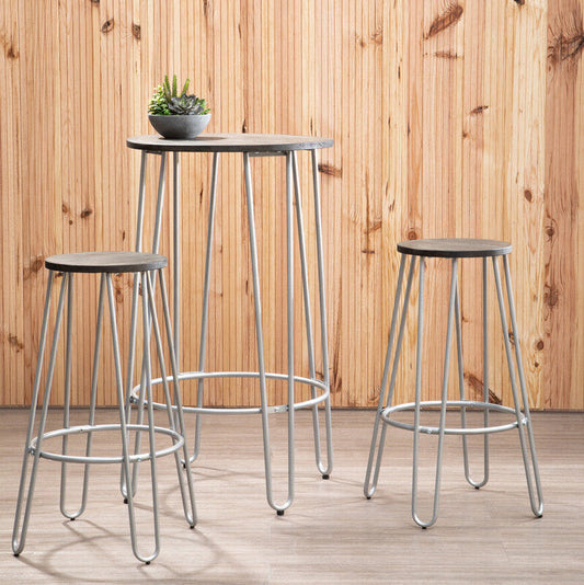 District Wooden 3 Piece Bar Table and Stool Set with Silver Finish Legs