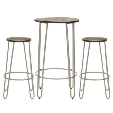 District Wooden 3 Piece Bar Table and Stool Set with Silver Finish Legs