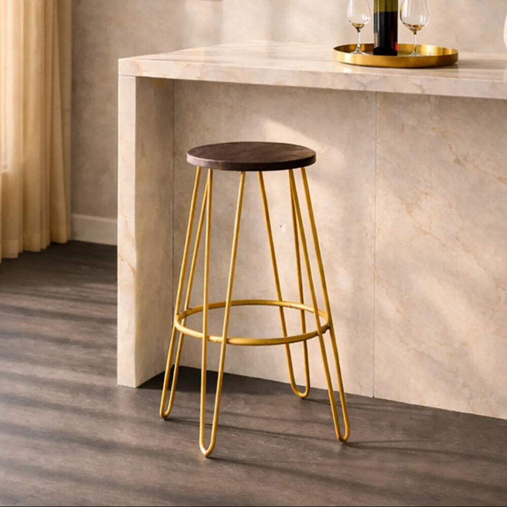 District Wooden Bar Stool with Gold Finish Legs