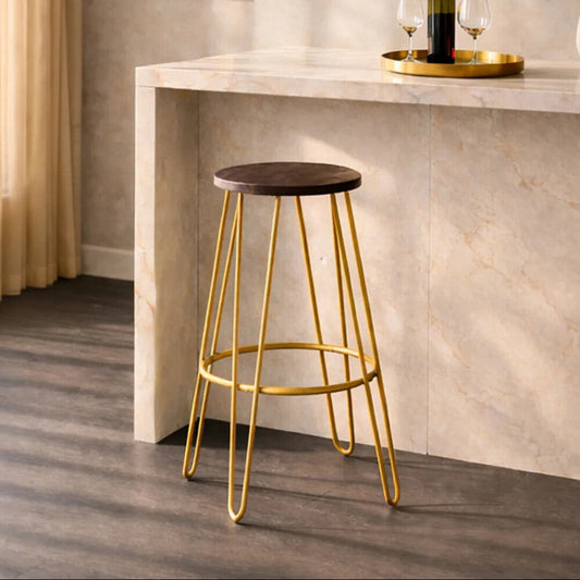 District Wooden Bar Stool with Gold Finish Legs