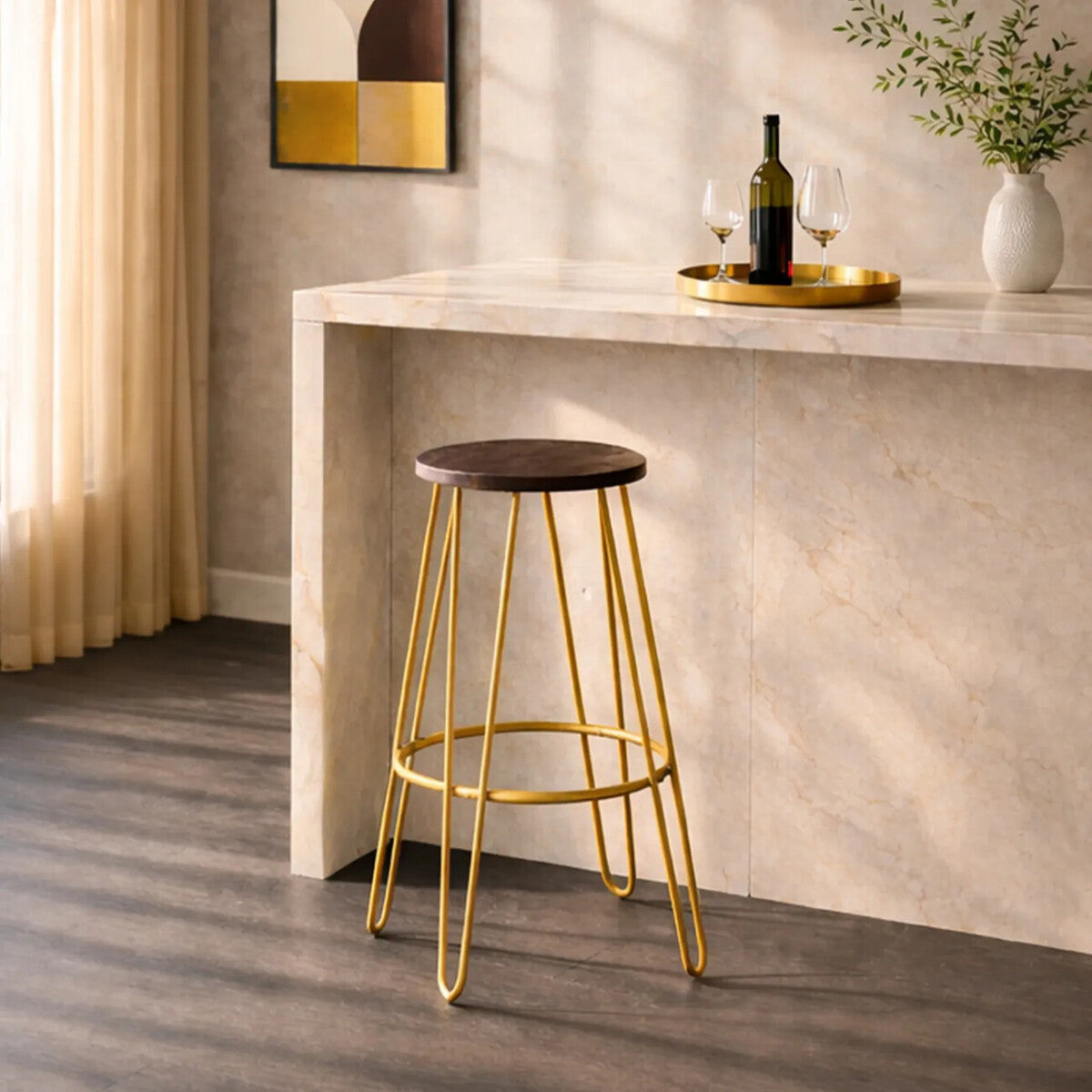 District Wooden Bar Stool with Gold Finish Legs