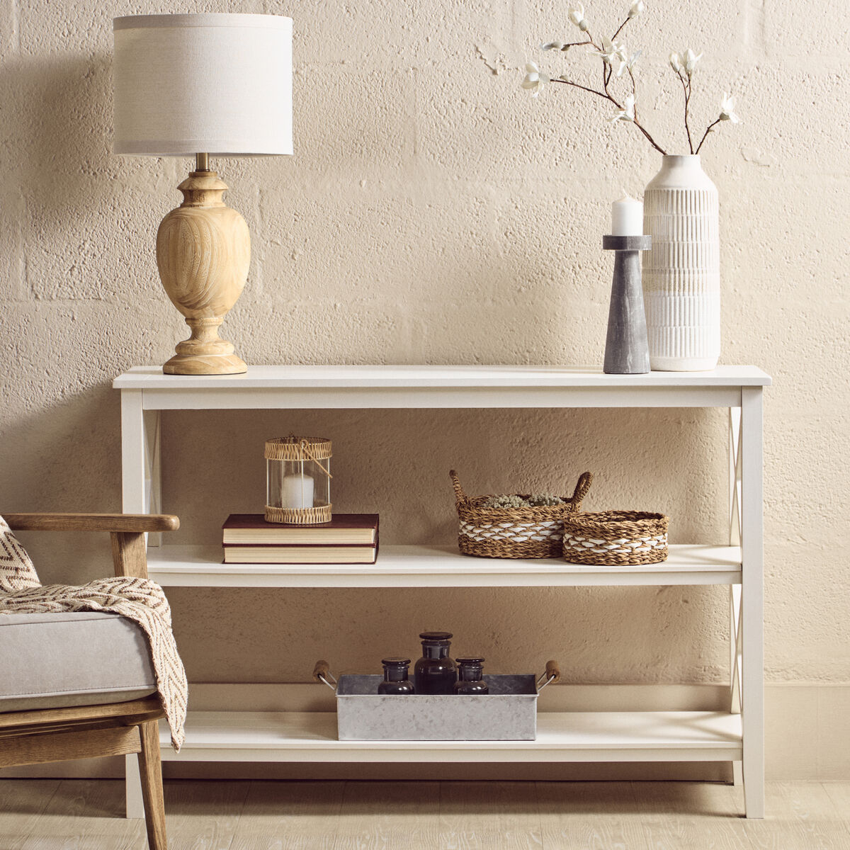 Heritage White Wooden Large 2 Tier Bookshelf with Cross Detail
