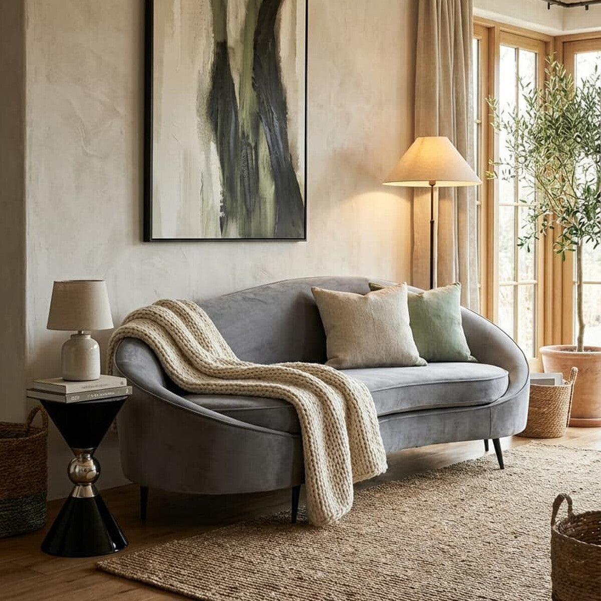 Hasina Grey Velvet 3 Seater Sofa