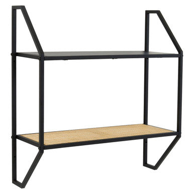 Depok Natural Rattan and Black Finish Metal 2 Tier Wall Shelf