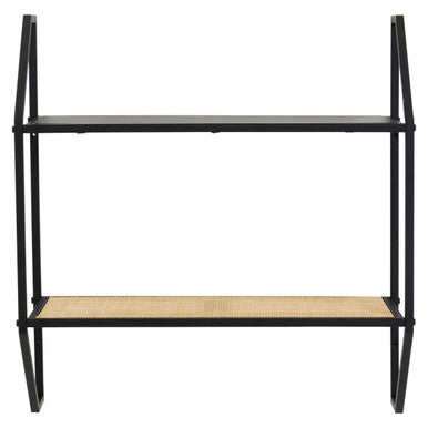 Depok Natural Rattan and Black Finish Metal 2 Tier Wall Shelf