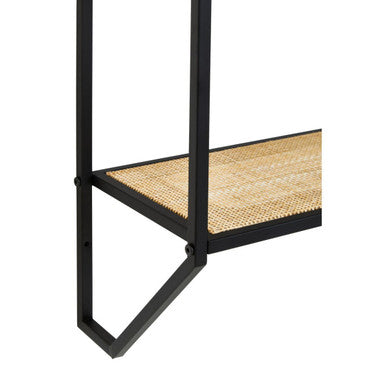 Depok Natural Rattan and Black Finish Metal 2 Tier Wall Shelf