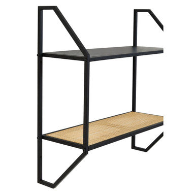 Depok Natural Rattan and Black Finish Metal 2 Tier Wall Shelf