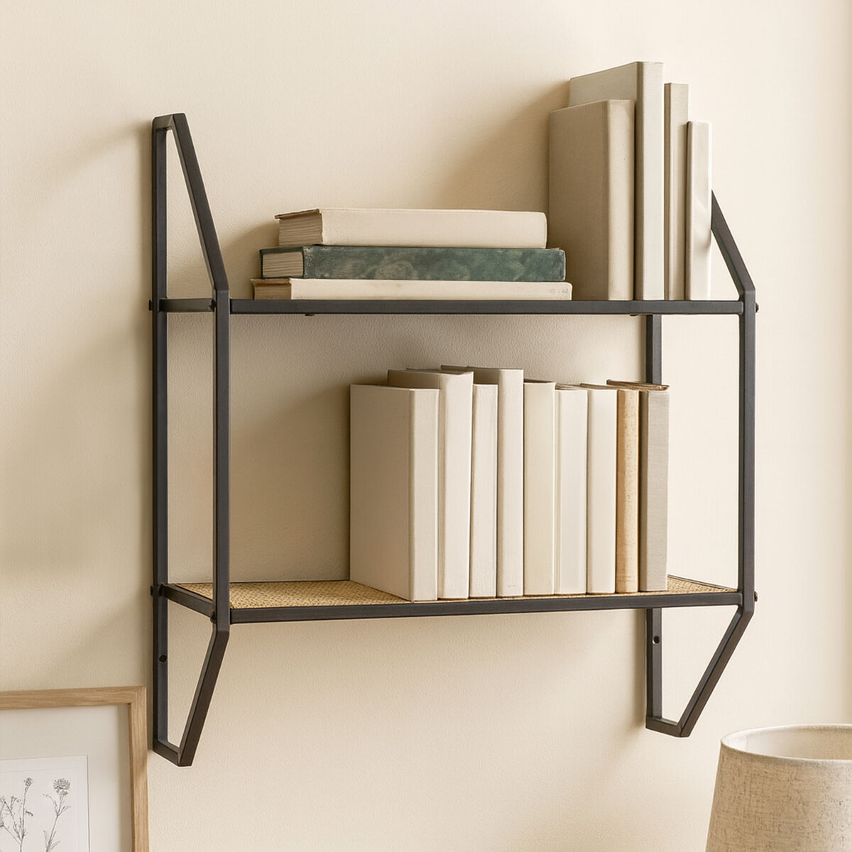 Depok Natural Rattan and Black Finish Metal 2 Tier Wall Shelf