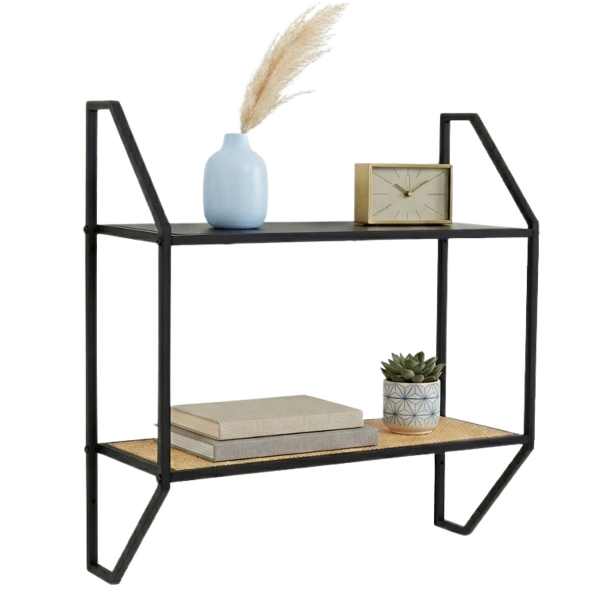 Depok Natural Rattan and Black Finish Metal 2 Tier Wall Shelf